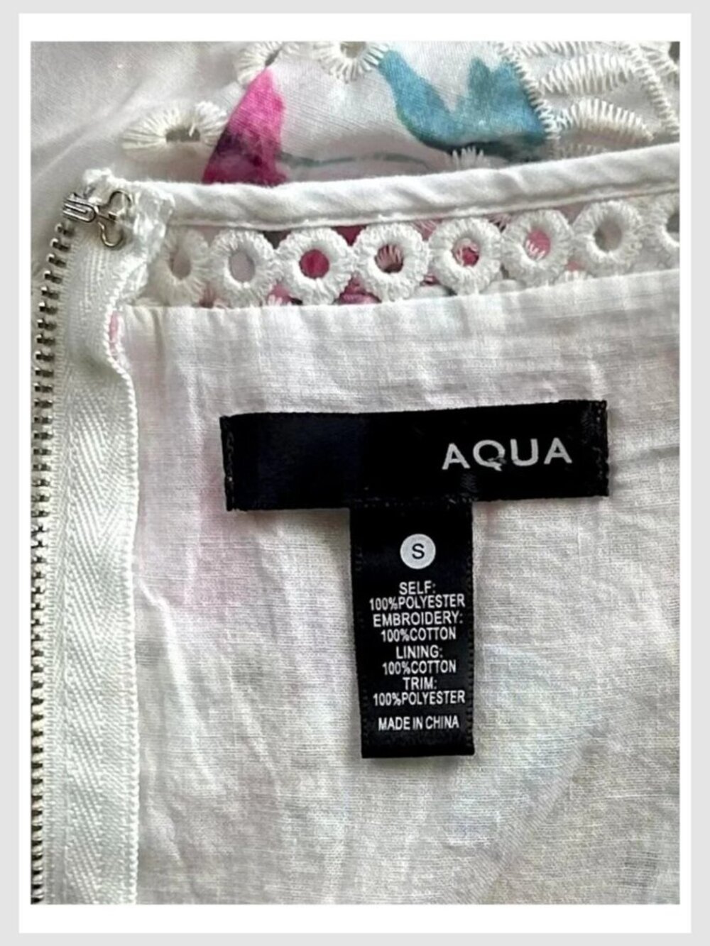 Aqua Crop Top White Pink Floral Eyelet Puff Sleeve S - Picture 9 of 9